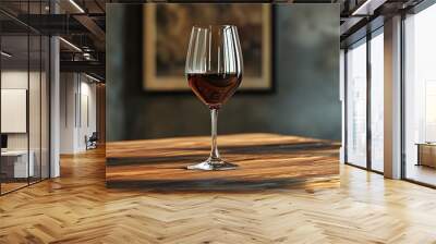 Elegant wine close-up with glasses on wooden table, softly lit by natural light against textured walls in high-definition quality. Wall mural