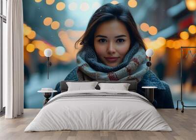 elegant woman strolling through winter streets, wrapped in a cozy scarf and stylish coat Wall mural