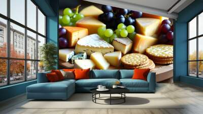 Elegant wooden platter filled with assorted cheese cubes, fresh grapes, and crispy crackers for an inviting snack or appetizer spread Wall mural