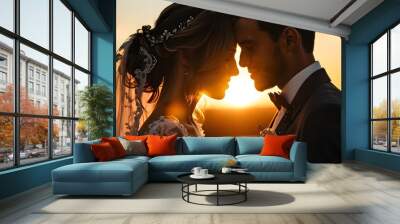 Embracing Love: Romantic Sunset Silhouette of a Bride and Groom symbolizing Commitment and Unity Wall mural