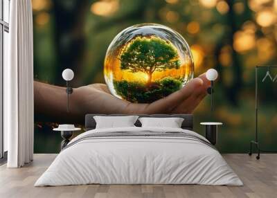 Embracing Nature: A Hand Cradling a Glass Sphere with a Tree, Symbolizing Environmental Protection and Sustainability at Golden Hour Wall mural