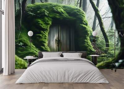 Enchanted forest revealing a hidden doorway surrounded by lush moss and greenery Wall mural