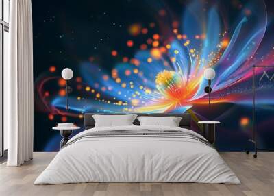 Enchanted night bloom radiating multicolor aura with soft glow and dancing particles Wall mural