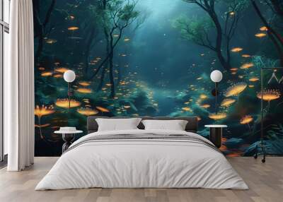 Enchanted underwater forest illuminated by radiant bioluminescent plants Wall mural