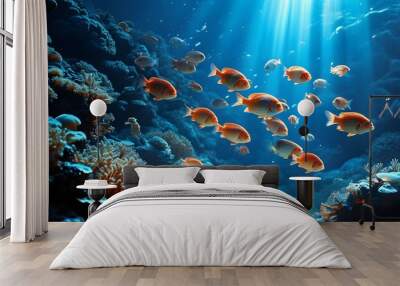 Enchanted underwater scene with a school of fish illuminated by sunlight in a vibrant blue ocean, surrounded by coral and sandy seabed Wall mural