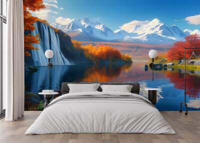 Enchanting autumn scenery featuring a cascading waterfall, vivid fall colors, serene lake reflections, and towering snow-capped mountains against a clear blue sky Wall mural