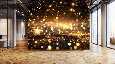 Enchanting Black Magic Christmas: Glittering Bokeh Stars and Golden Dust Background Wall mural