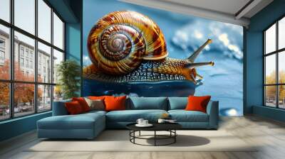 Enchanting close-up of a snail gliding gracefully on ice, leaving delicate trails with a glistening shell in a whimsical winter wonderland Wall mural