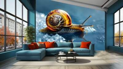 Enchanting close-up of a snail gliding gracefully on ice, leaving delicate trails with a glistening shell in a whimsical winter wonderland Wall mural