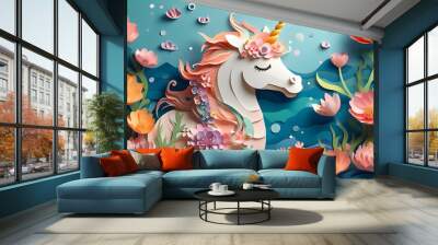 Enchanting mermaid unicorn swimming through ocean adorned with blossoming flowers in a whimsical paper cut style illustration for nursery decor Wall mural