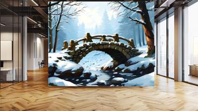 Enchanting winter landscape featuring a snowy stone bridge nestled in a serene forest, perfect for festive backgrounds and holiday banners Wall mural