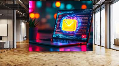 Encrypted email on a laptop surrounded by digital symbols and secure notification within a vibrant, neon-lit advanced technology environment Wall mural