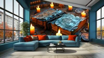 Enigmatic ancient tome adorned with arcane symbols, illuminated by the soft glow of flickering candles Wall mural