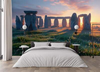 Enigmatic dawn at Stonehenge with dew-kissed grass, soft sunlight illuminating ancient stones, and a mystical sky shrouded in morning mist. Wall mural