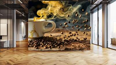 Enigmatic golden smoke swirling around aromatic coffee beans Wall mural