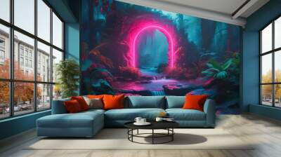 Enigmatic Neon Portal in a Misty Jungle Dreamscape Wall mural