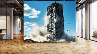 Epic high-rise demolition captured in dynamic action with clouds of dust and debris against a vibrant blue sky Wall mural