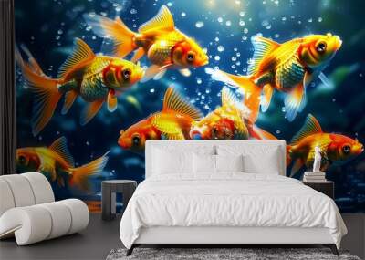 Ethereal goldfish swimming gracefully in golden light, surrounded by shimmering water droplets, creating a magical and enchanting underwater atmosphere Wall mural