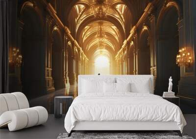 Ethereal journey through a majestic hallway adorned with arches, bathed in golden light, creating a serene and spiritual ambiance. Wall mural