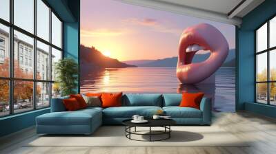 Ethereal sunrise over a serene lake with a whimsical floating figure near water, surrounded by a pastel rubber ring in a cartoon flat design Wall mural