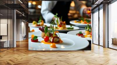 Evening kitchen scene with chef skillfully decorating gourmet dishes, highlighting culinary artistry and precision in food presentation Wall mural