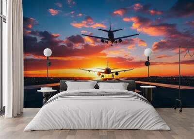 Evening light illuminates an airplane on the runway, embodying the spirit of travel and adventure during a breathtaking sunset. Wall mural