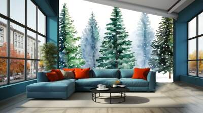 Evergreen forest watercolor pattern with snow on white, capturing winters beauty for seasonal decor and holiday designs Wall mural