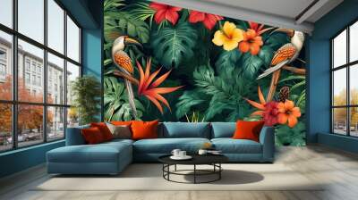 Exotic tropical luxury seamless pattern featuring vibrant flora and natural elements Wall mural