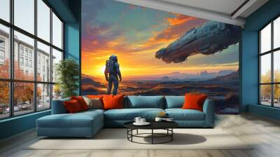 Exploration of Abandoned Spaceship by Astronauts on Alien Planet at Sunset, Capturing Sci-Fi Adventure in Extraterrestrial Setting Wall mural