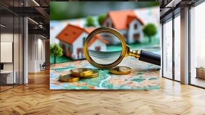 Exploring Real Estate: Magnifying Glass on Map Highlighting House Icon and Financial Calculations Wall mural