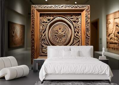 Exquisite Hand Carved Wooden Frame Adorned with Tribal Patterns in a Cultural Museum Atmosphere Wall mural