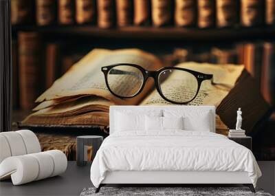 eyeglasses resting on an open book surrounded by vintage shelves in a classic antique library Wall mural