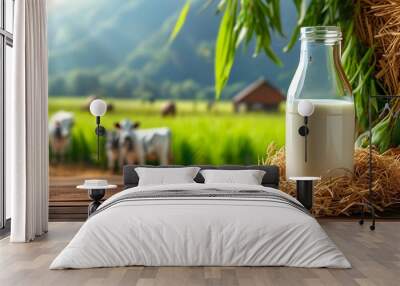 Farm-fresh milk in a glass on rustic wooden surface with straw, celebrating natural dairy production and agriculture industry aesthetics. Perfect for banners and posters. Wall mural