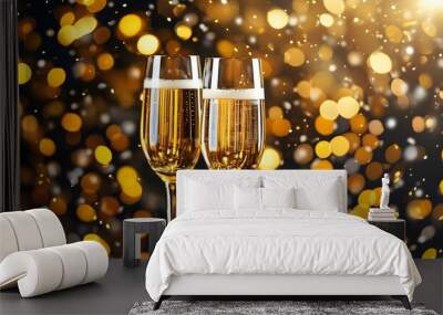 Festive champagne toast surrounded by shimmering golden bokeh, creating a magical atmosphere for celebrations and invitations Wall mural