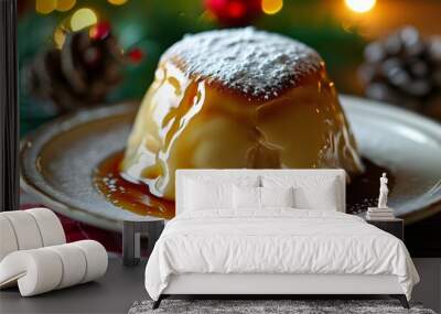 Festive close-up of a beautifully decorated Christmas pudding on an elegant plate Wall mural