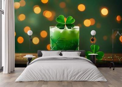 Festive green cocktail adorned with a clover leaf on a bar counter, surrounded by enchanting bokeh lights, celebrating Irish culture for St. Patricks Day Wall mural