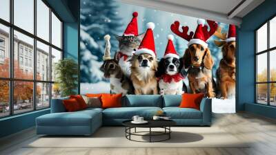 Festive pets adorned with hats and antlers celebrating Christmas in a snowy winter wonderland with ample copy space Wall mural