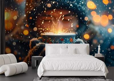 Festive winter scene with a cozy person enjoying a warm beverage, surrounded by sparkling lights and gentle falling snowflakes Wall mural