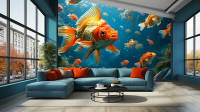 Fish swimming gracefully in a vibrant underwater landscape rich with currency, symbolizing the fluidity of wealth and prosperity in a serene ocean environment Wall mural