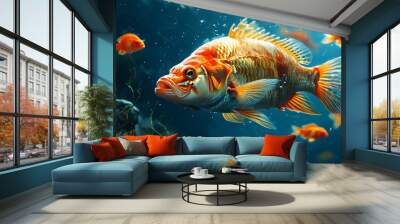 Fish swimming gracefully in a vibrant underwater landscape rich with currency, symbolizing the fluidity of wealth and prosperity in a serene ocean environment Wall mural