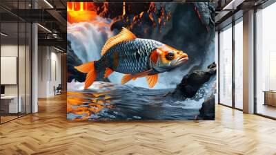 Fish swimming in a river within a volcano, blending natural water with molten surroundings in a stunningly detailed environment Wall mural