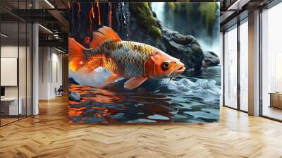 Fish swimming in a river within a volcano, blending natural water with molten surroundings in a stunningly detailed environment Wall mural