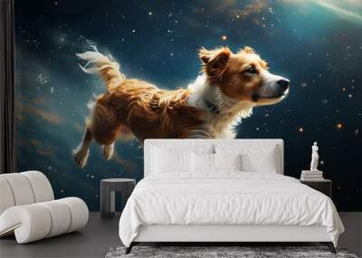 Floating canine in a cosmic ocean, surreal swimming motion against a highly realistic interstellar backdrop Wall mural