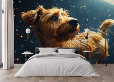 Floating canine in a cosmic ocean, surreal swimming motion against a highly realistic interstellar backdrop Wall mural