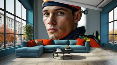 focused male medic in orange emergency services uniform ready for action Wall mural