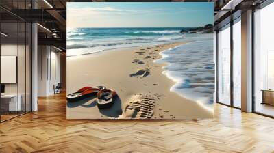 Footprints in the Sand: Flip-Flops Marking a Journey to the Ocean on a Relaxing Coastal Getaway Wall mural