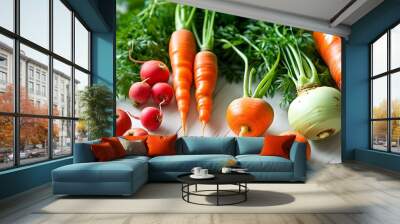 Fresh and vibrant organic baby carrots displayed on a bright white table, celebrating healthy eating and natural produce Wall mural