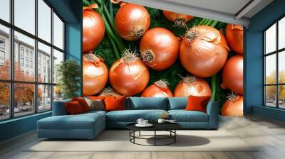 Freshly Harvested Onions in a Vibrant Flat Lay for Culinary Inspiration and Agricultural Imagery Wall mural