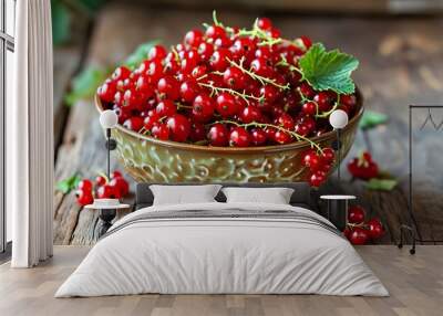 Freshly harvested red currants in a rustic bowl on a wooden table, showcasing organic summer produce with ample copy space Wall mural