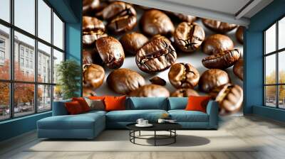 Freshly Roasted Coffee Beans Showcasing Rich Texture and Shine Against a Clean White Background Wall mural